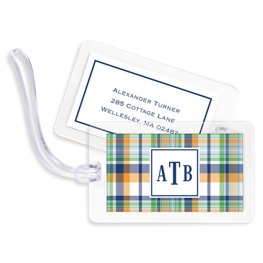 Navy and Orange Madras Plaid Luggage Tags